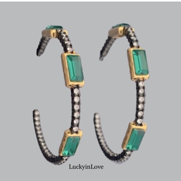 ALEXIS BITTAR• New Elements Teal Green Baguette Stone Crystal Hoop Post Earrings - Picture 2 of 9